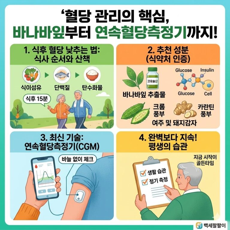 혈당 관리를 위한 식사법, 추천 성분, 연속혈당측정기, 생활 습관 등 4가지 핵심 요소를 담은 백세팔팔 건강 정보 썸네일