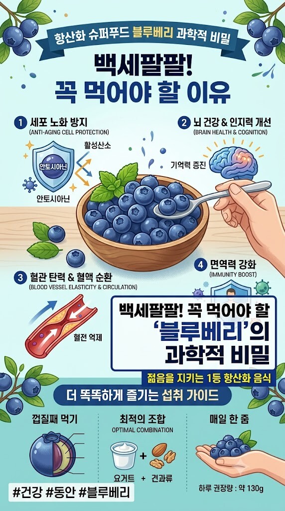 세로형 인포그래픽으로 제작된 블루베리 건강 정보. 블루베리의 핵심 항산화 성분인 안토시아닌의 효능, 요거트나 견과류와의 시너지 조합, 냉동 블루베리 섭취 방법 등 백세 건강을 위한 정보를 도표와 아이콘으로 정리한 이미지.
