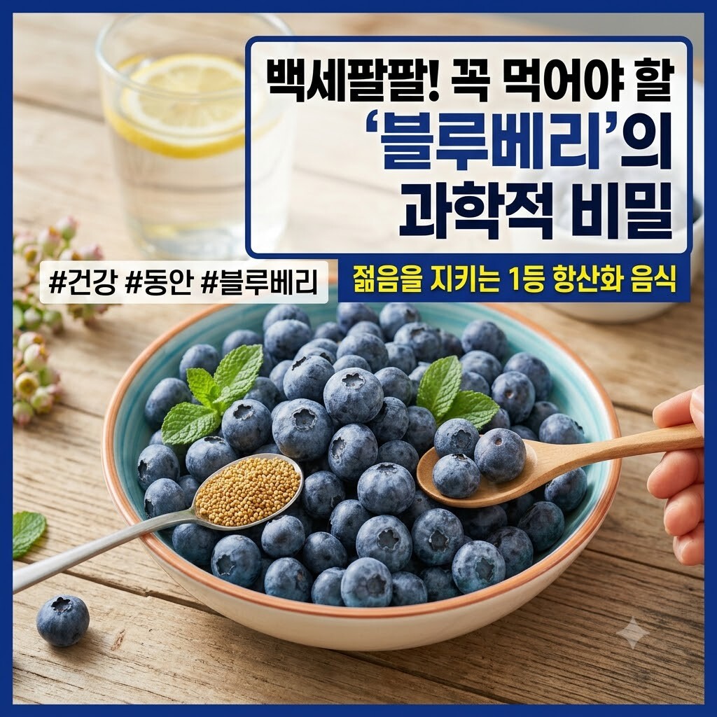 신선한 블루베리가 담긴 그릇과 숟가락, 레몬수가 놓인 테이블 위에서 건강한 항산화 슈퍼푸드를 보여주는 이미지