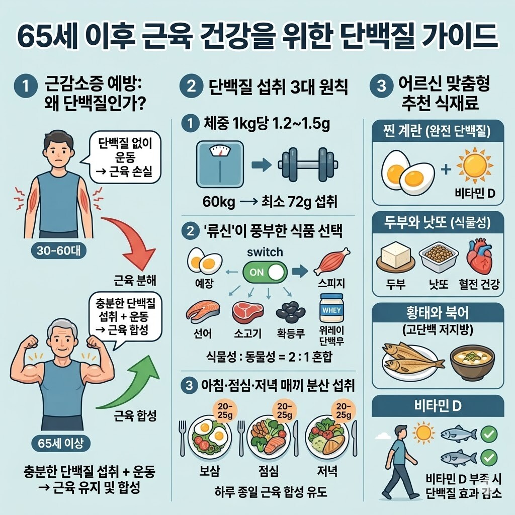 65세 이후 근육 관리를 위한 노인단백질섭취 가이드 인포그래픽. 근감소증 예방을 위한 단백질 분산 섭취 원칙, 체중별 권장량, 류신이 풍부한 계란, 두부, 황태 등 추천 식재료와 비타민 D의 중요성을 시각적으로 설명하고 있다.