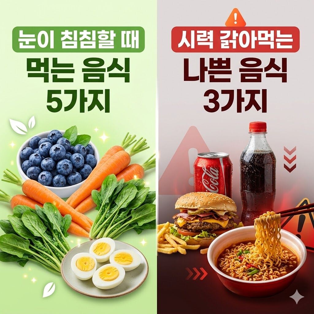 왼쪽에는 눈이 침침할때 먹는 음식5가지, 오른쪽에는 나쁜음식 3가지가 있습니다.