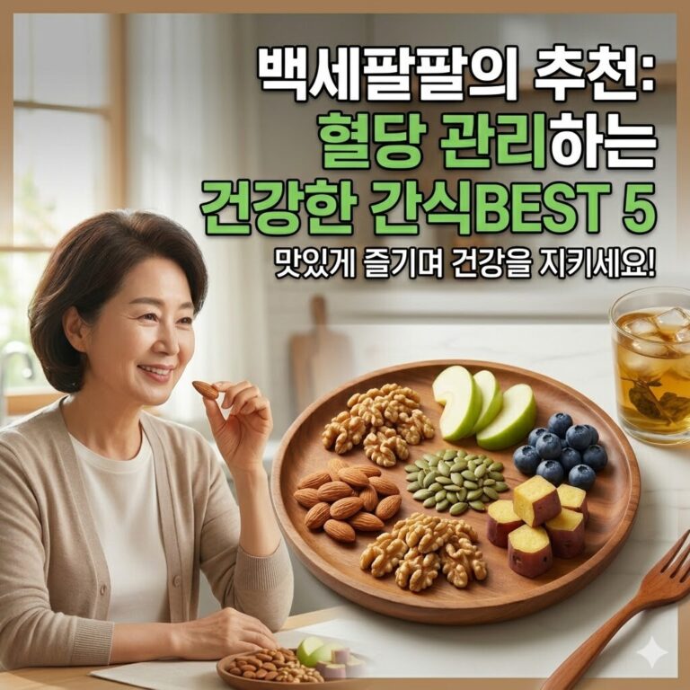 "따뜻한 주방에서 견과류와 과일이 담긴 접시를 앞에 두고 미소 짓고 있는 시니어 여성, 혈당 관리를 위한 건강한 간식 예시"