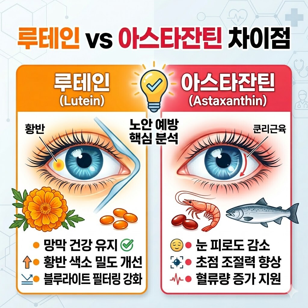 루테인과 아스타잔틴 차이점 비교 인포그래픽, 황반 건강 루테인과 눈 피로 개선 아스타잔틴 효능 분석