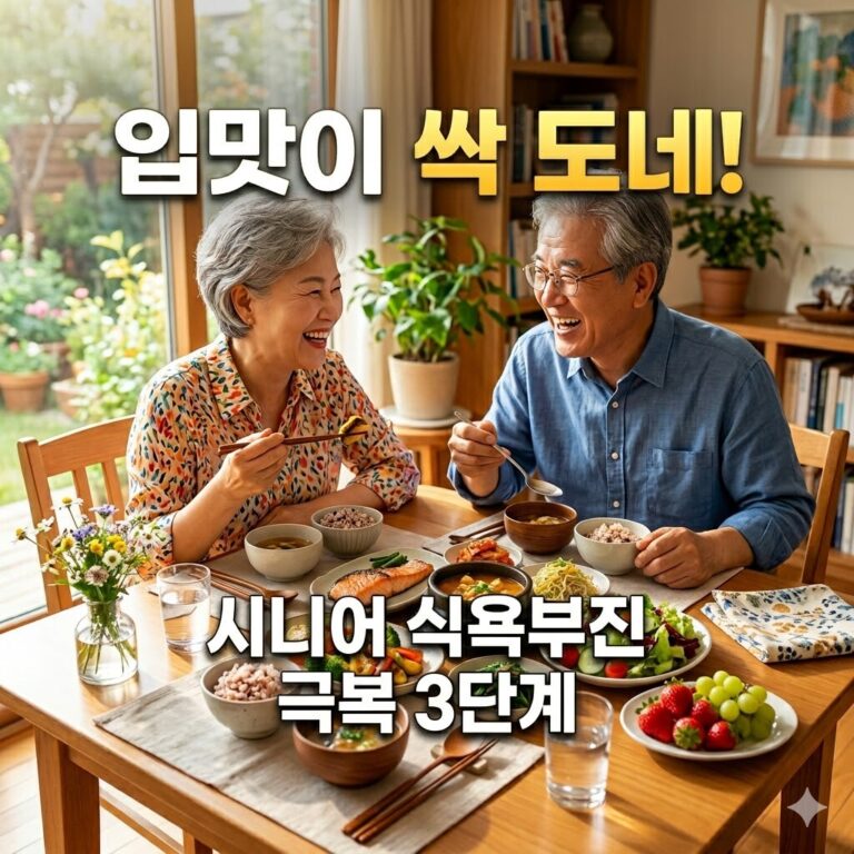 밝게 웃으며 건강한 식사를 하는 시니어 부부와 '입맛이 싹 도네! 시니어 식욕부진 극복 3단계'라는 문구가 적힌 썸네일