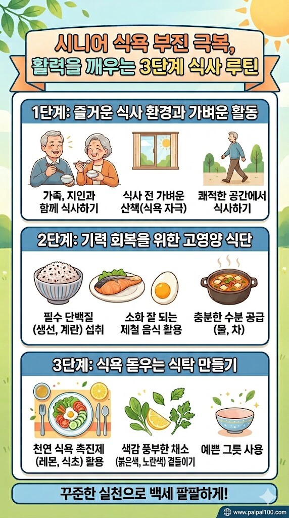 시니어 식욕 부진 극복을 위한 3단계 식사 루틴 인포그래픽. 1단계 즐거운 식사 환경과 가벼운 활동, 2단계 기력 회복을 위한 고영양 식단, 3단계 식욕 돋우는 식탁 만들기가 순서대로 나열되어 있으며, 하단에는 www.palpal100.com 주소가 적혀 있는 세로형 이미지