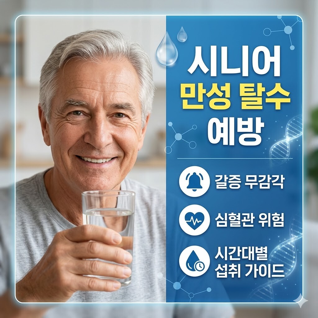 물컵을 들고 미소 짓고 있는 시니어 남성의 모습과 함께 '시니어 만성 탈수 예방'이라는 큰 제목이 적힌 건강 정보 카드 뉴스 이미지. 오른쪽 파란색 배경에는 '갈증 무감각', '심혈관 위험', '시간대별 섭취 가이드'라는 세 가지 주요 내용과 관련 아이콘(종, 하트 심전도, 물방울과 시계)이 포함되어 있습니다.