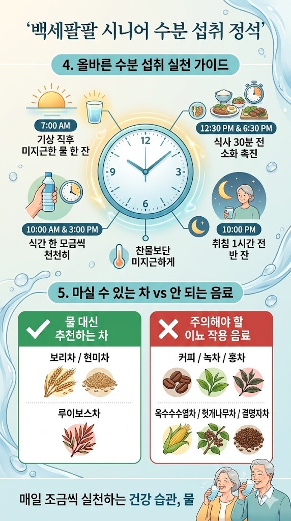 백세팔팔 시니어 수분 섭취 정석'이라는 제목의 인포그래픽 이미지. 상단에는 시계 일러스트를 중심으로 '4. 올바른 수분 섭취 실천 가이드'가 시간대별로 소개되어 있습니다. 오전 7시 기상 직후 미지근한 물 한 잔, 오전 10시와 오후 3시 식간 한 모금씩, 오후 12시 30분과 6시 30분 식사 30분 전 소화 촉진, 오후 10시 취침 1시간 전 반 잔, 그리고 찬물보단 미지근하게 마시라는 내용이 아이콘과 함께 배치되어 있습니다. 하단에는 '5. 마실 수 있는 차 vs 안 되는 음료'가 비교되어 있으며, 물 대신 추천하는 차로는 보리차, 현미차, 루이보스차가 초록색 박스에, 주의해야 할 이요 작용 음료로는 커피, 녹차, 홍차, 옥수수수염차, 헛개나무차, 결명자차가 빨간색 박스에 일러스트와 함께 나열되어 있습니다. 최하단에는 물을 마시는 시니어 부부의 일러스트와 '매일 조금씩 실천하는 건강 습관, 물'이라는 문구가 적혀 있습니다.