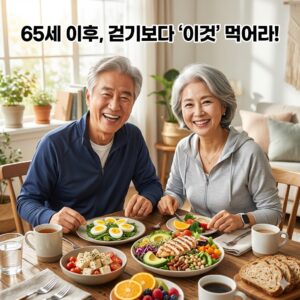 환하게 웃는 노년 부부가 식탁에 앉아 삶은 달걀, 아보카도 치킨 샐러드, 두부, 과일 등 다채롭고 건강한 식단을 즐기고 있다. 상단에는 한국어로 "65세 이후, 걷기보다 ‘이것’ 먹어라!"라는 문구가 새겨져 있다.