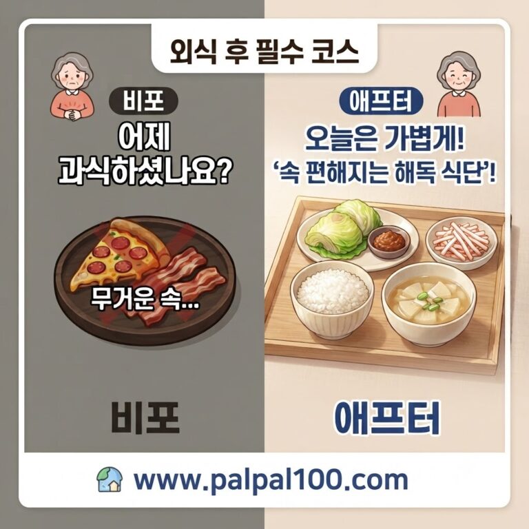 외식 후 속이 더부룩할 때 도움이 되는 해독 식단을 소개하는 인포그래픽 썸네일. 왼쪽은 기름진 음식과 불편한 속을 비포(Before)로, 오른쪽은 정갈한 무국과 양배추 쌈을 애프터(After) 식단으로 대비하여 보여줌. 하단에 'www.palpal100.com' 주소가 기재됨.