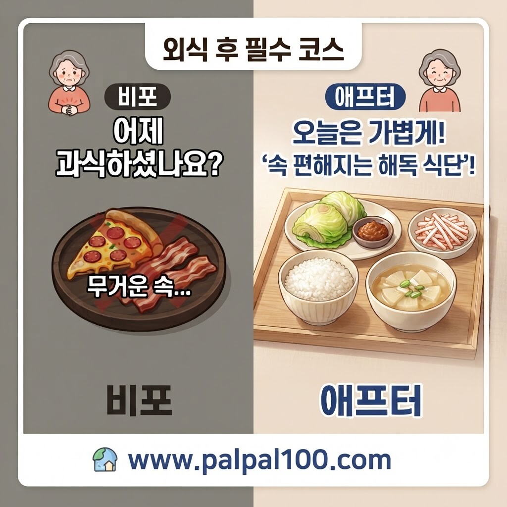 외식 후 속이 더부룩할 때 도움이 되는 해독 식단을 소개하는 인포그래픽 썸네일. 왼쪽은 기름진 음식과 불편한 속을 비포(Before)로, 오른쪽은 정갈한 무국과 양배추 쌈을 애프터(After) 식단으로 대비하여 보여줌. 하단에 'www.palpal100.com' 주소가 기재됨.