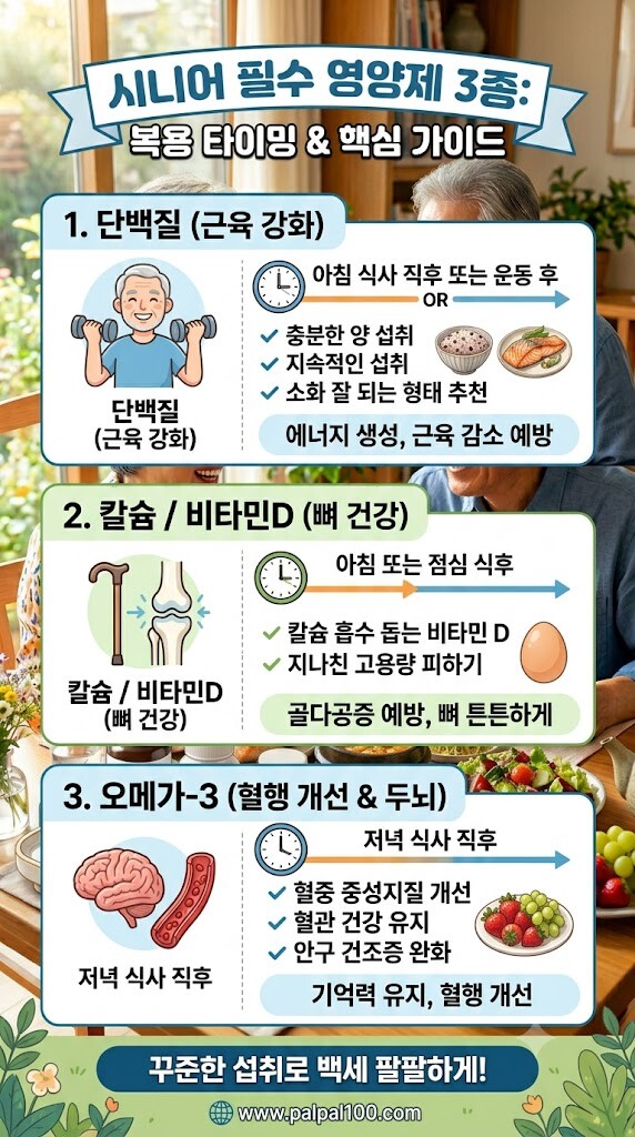 시니어 필수 영양제 3종의 복용 타이밍을 정리한 세로형 인포그래픽. 1단계 단백질(Protein)은 운동 직후나 식간에 섭취, 2단계 칼슘과 비타민 D(Calcium & Vitamin D)는 아침이나 점심 식사 직후 섭취, 3단계 오메가-3(Omega-3)는 기름진 식사 중이나 식후 즉시 섭취하라는 정보가 순서대로 나열되어 있으며, 하단에는 백세팔팔 주소인 www.palpal100.com이 표기되어 있는 이미지
