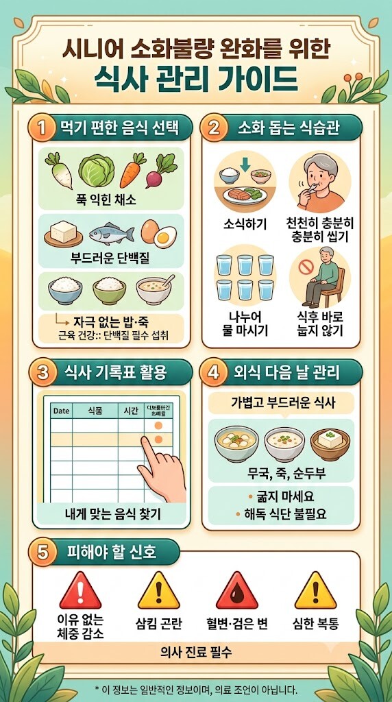 먹기 편한 음식, 소화 돕는 식습관, 식사 기록표 활용, 외식 다음 날 관리, 피해야 할 위험 신호 등 5가지 핵심 관리 수칙이 잘 정리한 이포그래픽입니다.