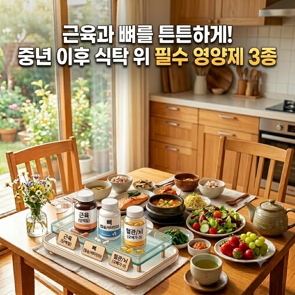 햇살이 밝게 비치는 아늑한 주방 식탁 위에 샐러드, 생선구이, 찌개 등으로 차려진 정갈한 한식 상차림. 그 앞에 단백질, 칼슘 및 비타민D, 오메가-3 영양제 제품 3종이 놓여 있으며, 이미지 상단에는 '근육과 뼈를 튼튼하게! 중년 이후 식탁 위 필수 영양제 3종'이라는 타이틀 문구가 적힌 깔끔한 블로그 썸네일 이미지