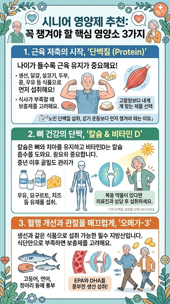 단백질, 칼슘·비타민D, 오메가-3를 고를 때 확인할 점을 정리한 인포그래픽