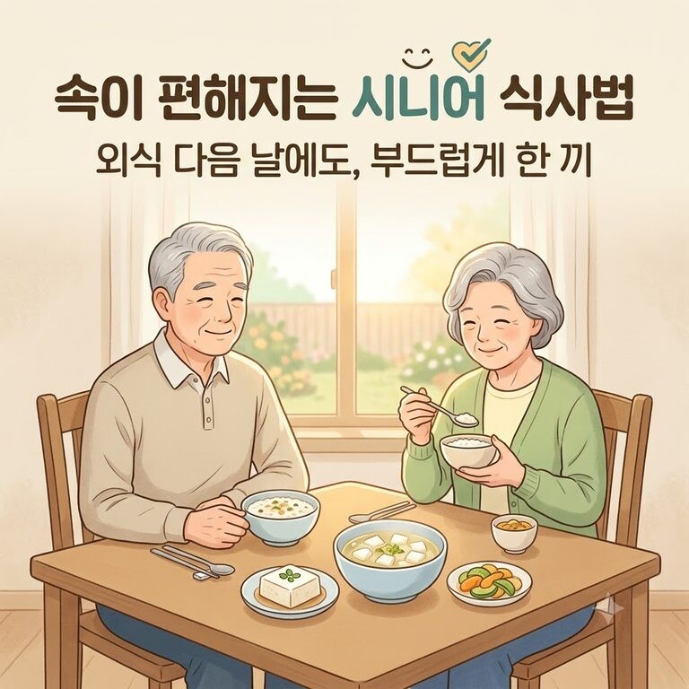 햇살이 비치는 식탁에서 노부부가 두부, 무국, 죽 등 부드러운 음식으로 편안하게 식사하고 있는 모습입니다.