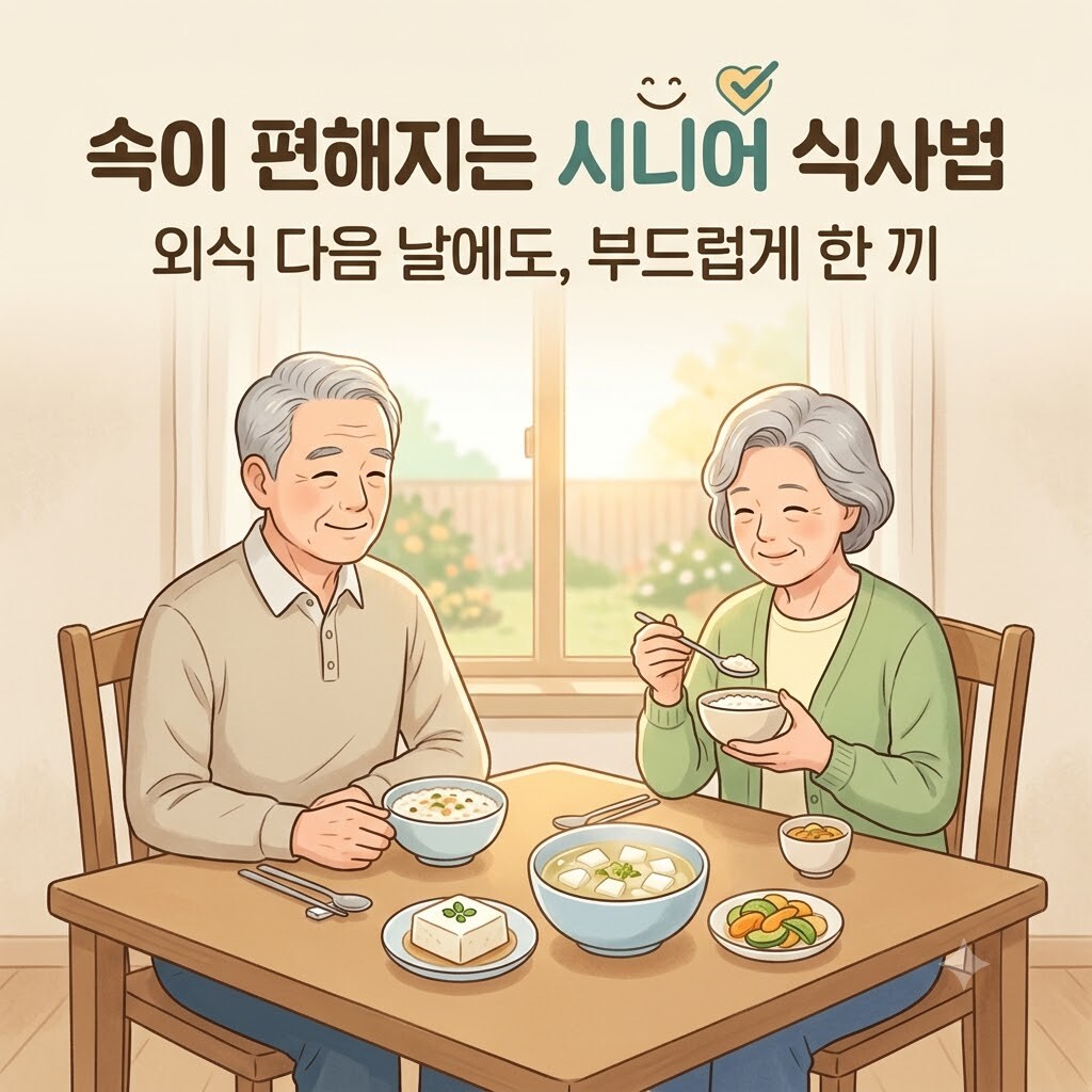 햇살이 비치는 식탁에서 노부부가 두부, 무국, 죽 등 부드러운 음식으로 편안하게 식사하고 있는 모습입니다.