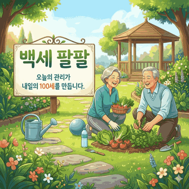 백세팔팔 블로그 메인 타이틀 로고 이미지, 텃밭을 가꾸는 건강하고 활기찬 시니어 부부 일러스트