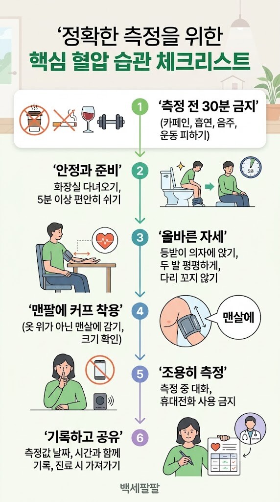 가정에서 정확하게 혈압을 측정하기 위한 6단계 습관(30분 전 금지사항, 5분 휴식, 올바른 자세, 맨팔 커프, 심장 높이 맞추기, 대화 금지)을 순서대로 안내하는 세로형 인포그래픽입니다.