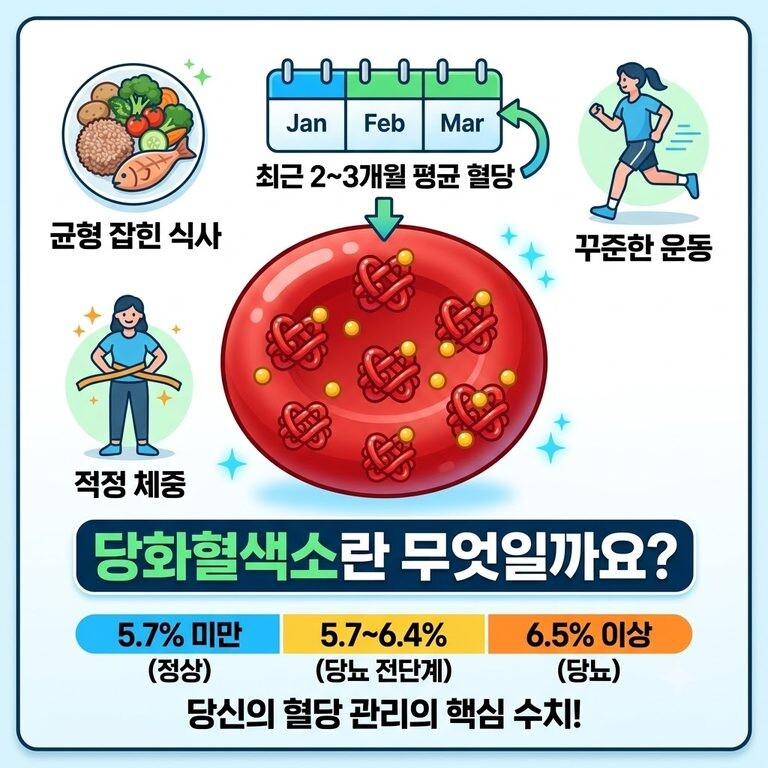 당화혈색소의 정의와 기준 수치를 알기 쉽게 정리한 인포그래픽입니다. 중앙의 적혈구 일러스트와 함께 식사·운동·체중 관리 요소가 표시되어 있으며, 하단에는 정상(5.7% 미만), 당뇨 전단계(5.7~6.4%), 당뇨(6.5% 이상) 수치 기준이 담겨 있습니다.
