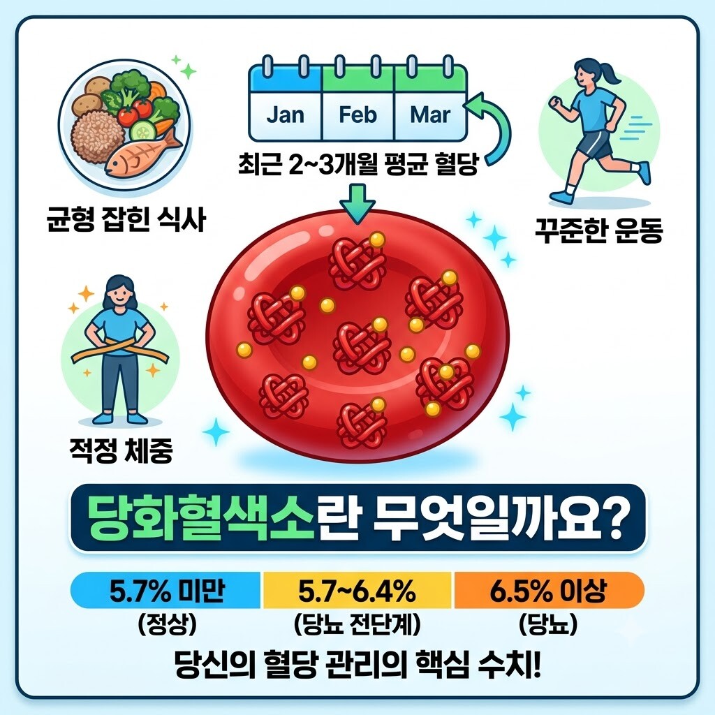 당화혈색소의 정의와 기준 수치를 알기 쉽게 정리한 인포그래픽입니다. 중앙의 적혈구 일러스트와 함께 식사·운동·체중 관리 요소가 표시되어 있으며, 하단에는 정상(5.7% 미만), 당뇨 전단계(5.7~6.4%), 당뇨(6.5% 이상) 수치 기준이 담겨 있습니다.