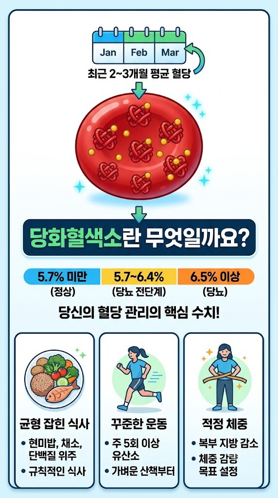 당화혈색소의 정의와 수치 기준, 3가지 핵심 관리 방법을 담은 세로형 인포그래픽입니다. 최근 2~3개월 평균 혈당 개념과 단계별 기준 수치(정상, 당뇨 전단계, 당뇨)에 이어 균형 잡힌 식사, 꾸준한 운동, 적정 체중 관리법이 직관적인 일러스트와 함께 정리되어 있습니다.
