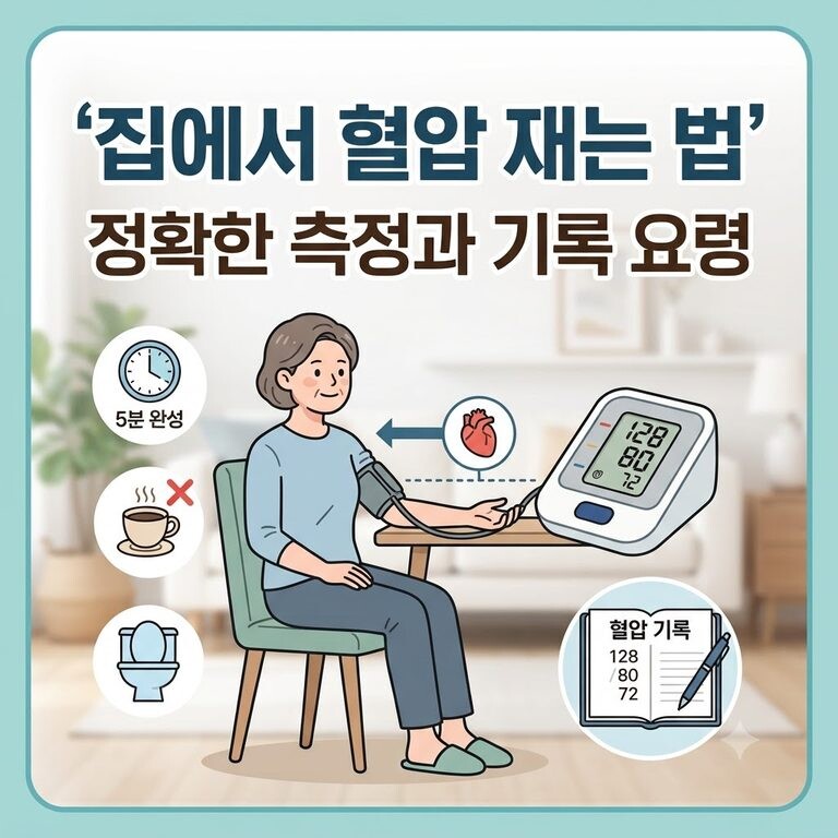 집에서 혈압을 측정하는 올바른 자세와 준비사항, 기록 요령을 담은 안내 인포그래픽.