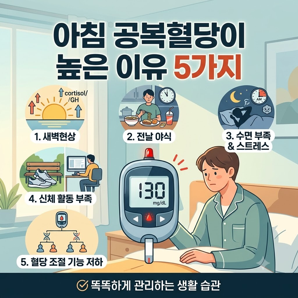 아침에 높은 혈당 수치에 걱정하는 남성과 함께 공복혈당이 높은 5가지 이유(새벽현상, 전날 야식, 수면 부족 및 스트레스, 신체 활동 부족, 혈당 조절 기능 저하)를 아이콘으로 보여줍니다. 상단에는 "아침 공복혈당이 높은 이유 5가지"라는 문구가 적혀 있습니다.
