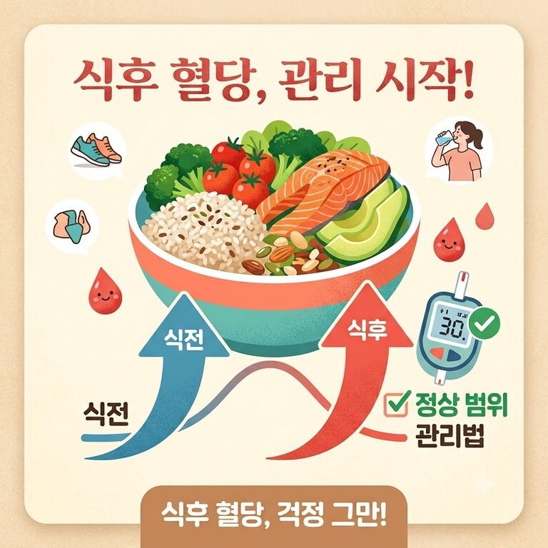 연어, 아보카도, 채소가 담긴 건강한 식단과 함께 식전과 식후 혈당 변화를 비교하고, 정상 범위 유지와 관리법을 설명.