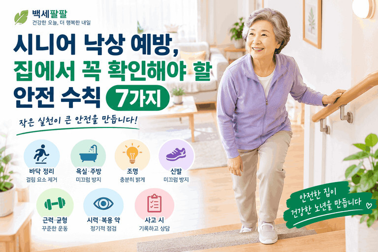 시니어 낙상 예방을 위한 집 안 안전 수칙과 난간을 잡고 이동하는 노년 여성