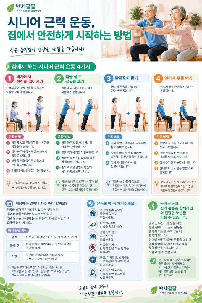 시니어 근력 운동 4가지, 의자에서 일어서기와 벽 짚고 팔굽혀펴기 등 집에서 하는 운동