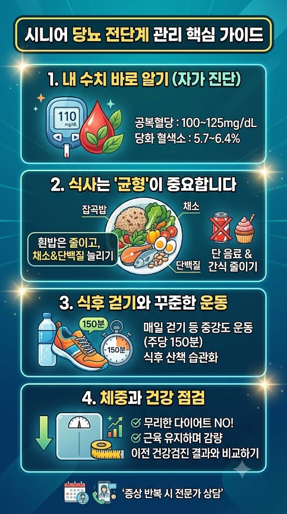 당뇨 전단계 기준 수치와 식사, 운동, 체중 관리법을 정리한 시니어 당뇨 전단계 관리 핵심 가이드 인포그래픽